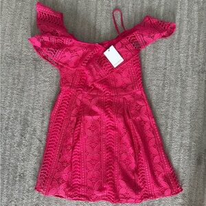 Ladies Fuchsia Lace Ruffle Shoulder Dress